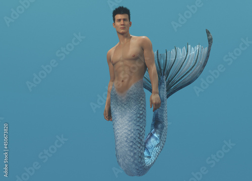 3D render: a merman creature is swimming under the sea photo