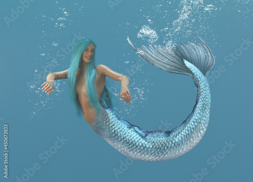 3D render: a mermaid creature is swimming under the sea with the air bubble around her