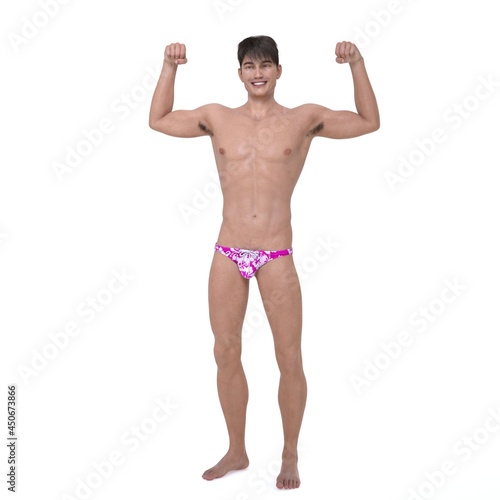 3D Render   a smiling guy with summer styles bikini  isolated