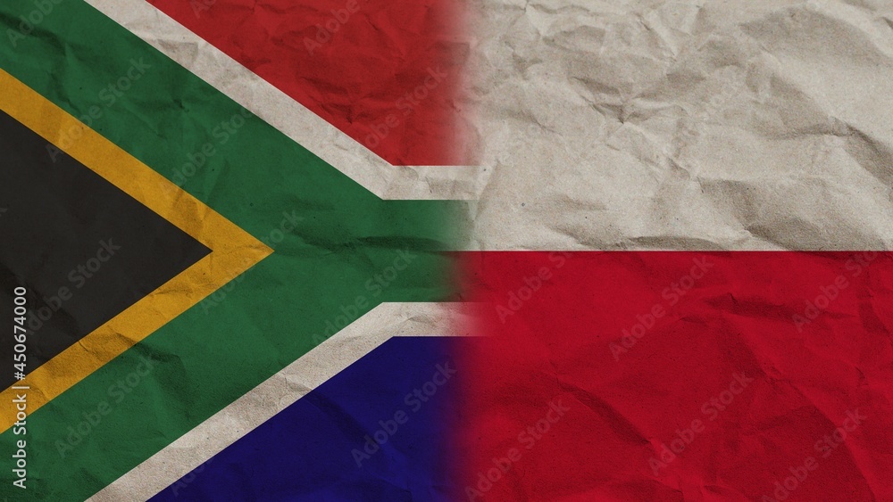 Poland and South Africa Flags Together, Crumpled Paper Effect Background 3D Illustration