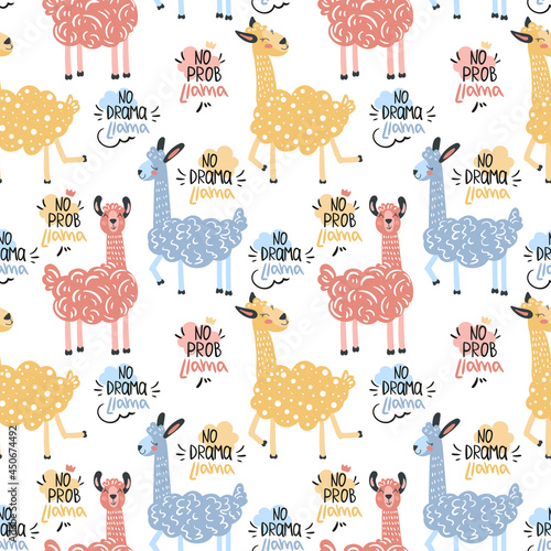 Vector funny cartoon llama in trendy style. Scandinavian style. Seamless pattern with llama, lettering quotes and hand drawn elements. No drama llama. No probllama. Childish texture, nursery print.