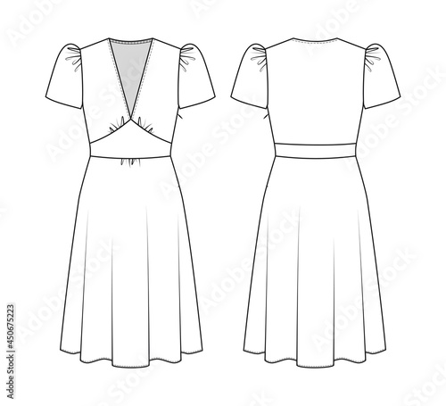 Fashion technical drawing of summer dress with V-neckline
