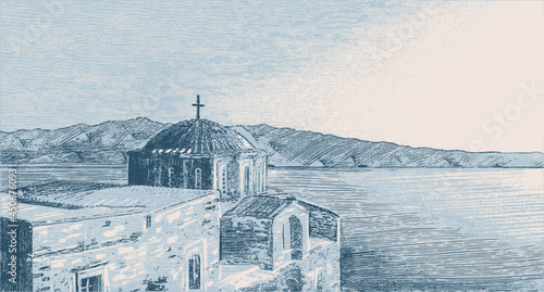 Balkan christian monastery. Traditional drawing, engraving, sea view vector illustration, hand drawn aegean scenery