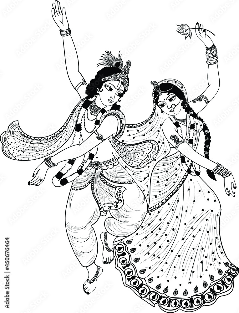Indian wedding clip art of God Krishna and his beloved Radha play dance  with a flute