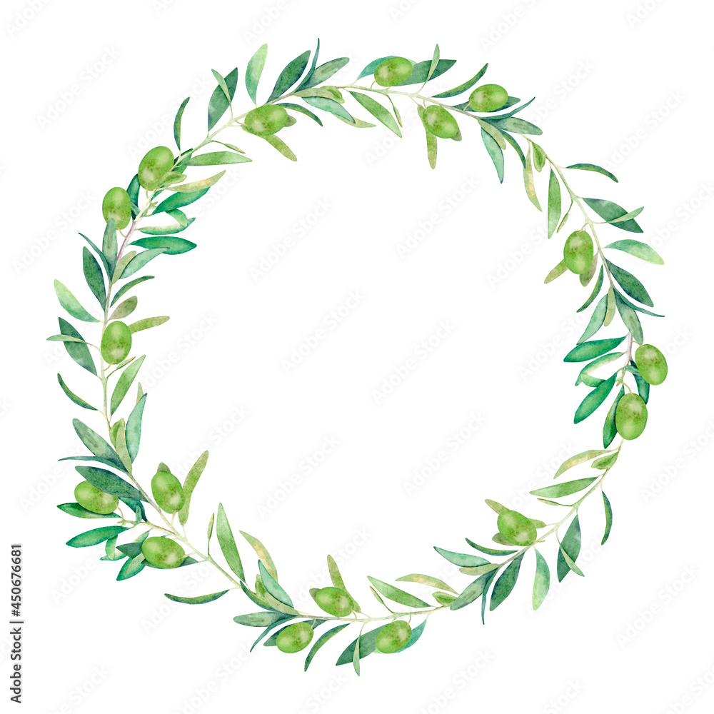 Watercolor hand drawn wreath with olive branches on white background. Isolated botanical round frame with green olives and leaves for wedding, cards, invitations and textile. 