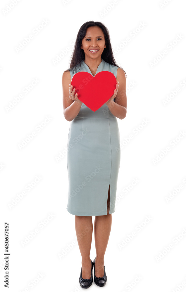 full length of mixed race happy asian/caucasian woman hold Love symbol red heart. Isolated on white background female model full length of mixed race happy asian/caucasian woman hold Love symbol red heart. Isolated on white background female model