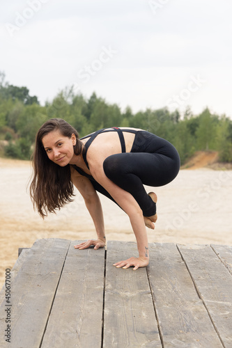yoga practice woman, sport outside with beautiful nature view