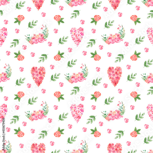 Watercolor seamless pattern with various decorative flowers and leaves