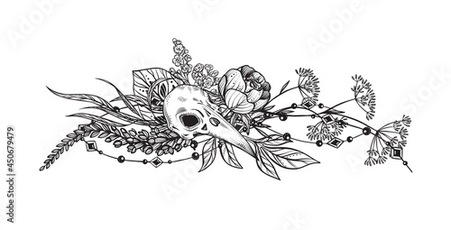 Vector illustration of black and white bird skull, flowers and branches isolated on white background. Mystical totem simbol.