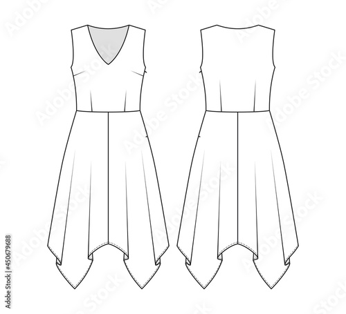 Fashion technical drawing of uneven hem dress