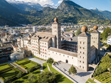 Aerial view of the Stockalper Palace in Brig-Glis, Switzerland. Built in baroque style between 1651 and 1671, it is a Swiss heritage site of national significance.