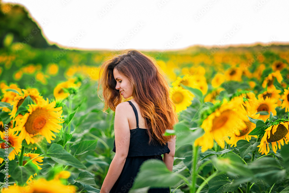 Beautiful young woman in a field of sunflowers, the concept of summer Beautiful young woman in a field of sunflowers, the concept of summer