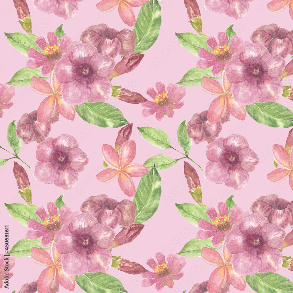 Pink flowers and leaves seamless pattern background, watercolor hand drawn