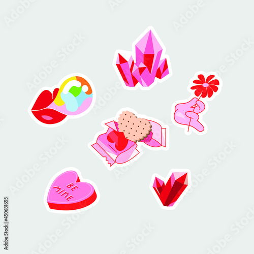 Set of vector love icon stickers. Lip sticker heart hearts gum cookie crystals and text be mine. Illustration of romantic stickers in flat minimalist style