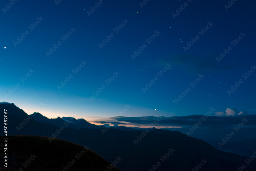 Early morning t in the Caucasus mountains in Sochi. The starry sky. Picturesque colors. Stunning scenic view of nature. Early morning t in the Caucasus mountains in Sochi. The starry sky. Picturesque colors. Stunning scenic view of nature.