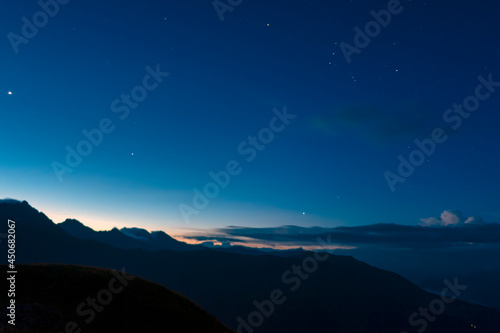 Early morning t in the Caucasus mountains in Sochi. The starry sky. Picturesque colors. Stunning scenic view of nature.