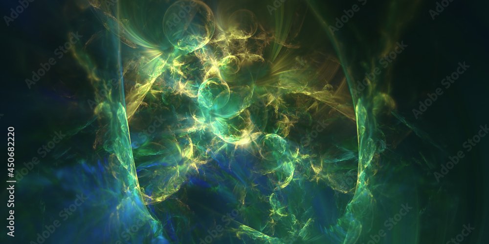Abstract fractal art background in green, blue and yellow. I think it looks like a nebula with gas planets. - obrazy, fototapety, plakaty 