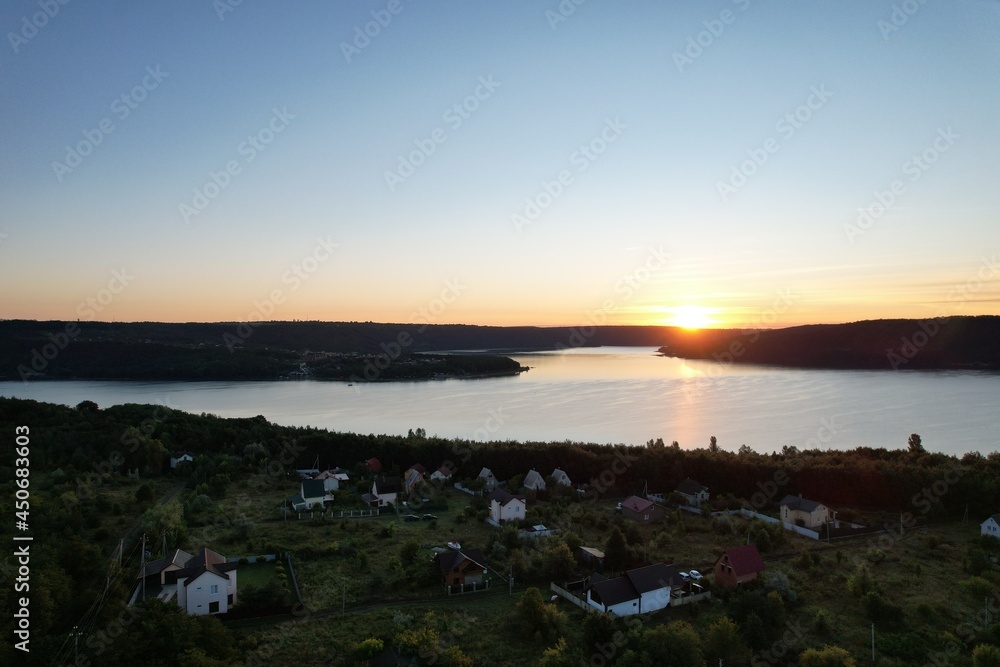 Panoramic view of Dnister river. Sunrise. Western Ukraine. Europe.