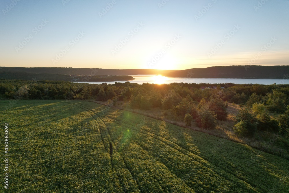 Obraz premium Aerial view of soybean fields in Ukraine. Sunrise