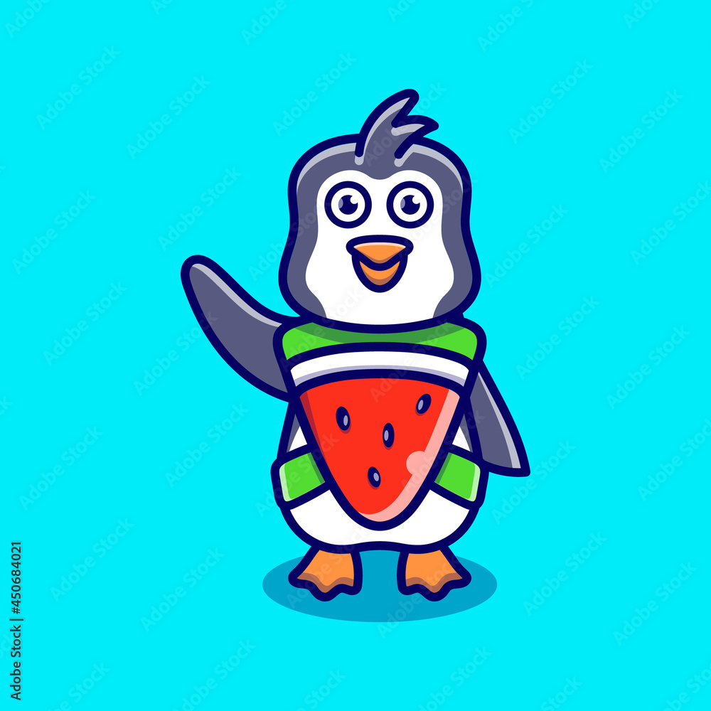 cute penguin wear costume watermelon