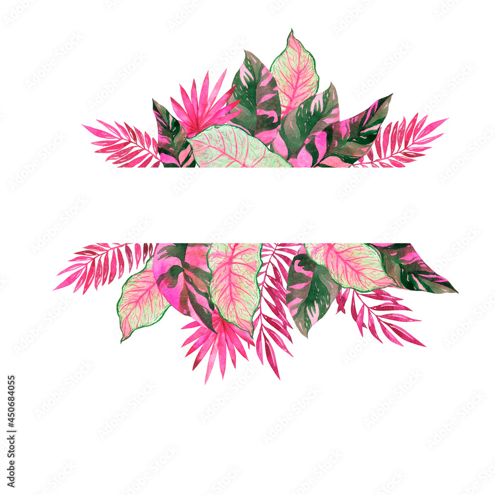 Fototapeta Ozdobne obramowanie różowy tropikalny liść. Ręcznie rysowane akwarela ilustracja.