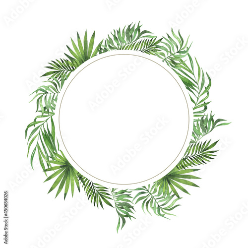Green tropic palm leaf round frame. Hand drawn watercolor illustration.