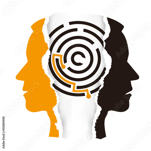 Schizophrenia, depression male heads, maze.
Ripped paper Male head silhouettes with labyrinth. Concept symbolizing mental health. Vector available.
