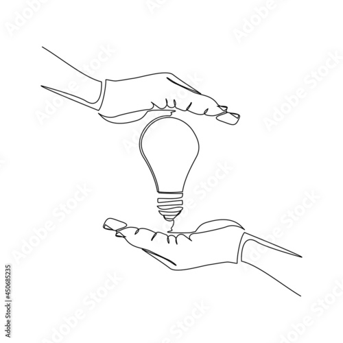 Continuous line drawing of light bulb and two palm hands as a symbol of ideas. Creative problem solving single one line art. Vector illustration