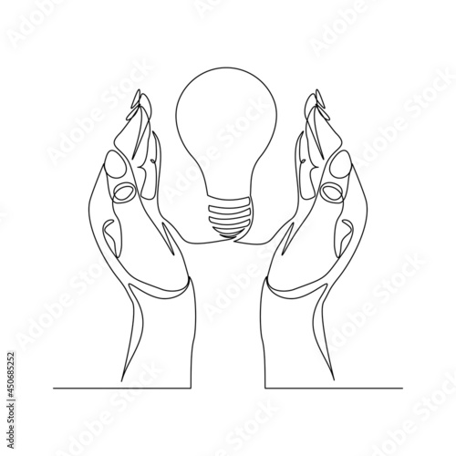 Continuous line drawing of light bulb and two palm hands as a symbol of ideas. Creative problem solving single one line art. Vector illustration