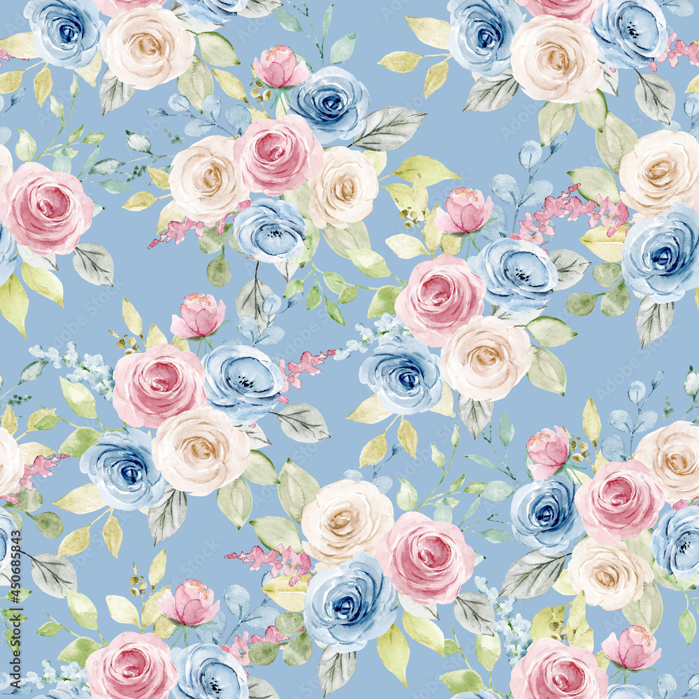 Seamless pattern with watercolor flowers blue and pink roses, repeat ...