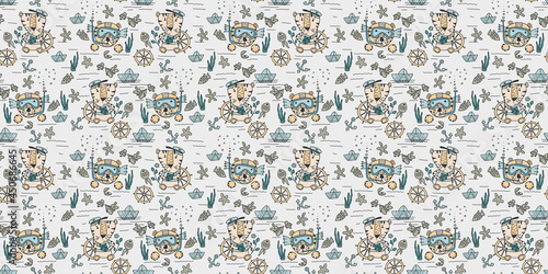 A pattern with a water tiger. The tiger is playing sailor. Children s print for fabric  T-shirt  poster  postcard  baby shower.