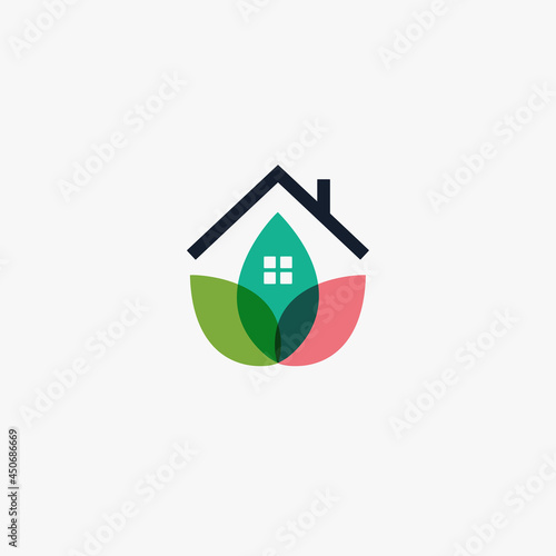Garden house logo template design farming logotype, chalet abstract icon, petal or leaves house, eco house, vegetarian kindergarten logotype