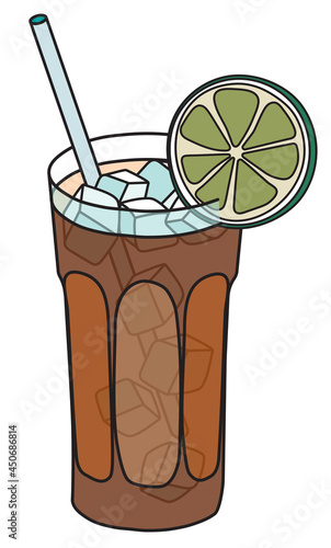 Stylish hand-drawn doodle cartoon style Long Island Iced Tea or Cuba Libre cocktail. A highball glass of cola or soda garnished with lime. Vector illustration for bar menu or alcohol cook book recipe.