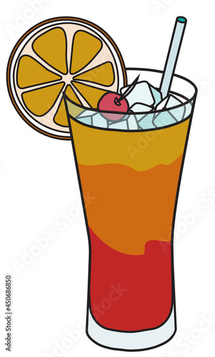 Stylish hand-drawn doodle cartoon style yellow red orange Tequila Sunrise cocktail in highball glass garnished with cherry. A vector illustration good for bar menu or alcohol cook book recipe