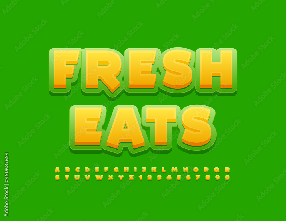 Vector green emblem Fresh Eats. Artistic style Font. Modern set of Alphabet Letters and Numbers