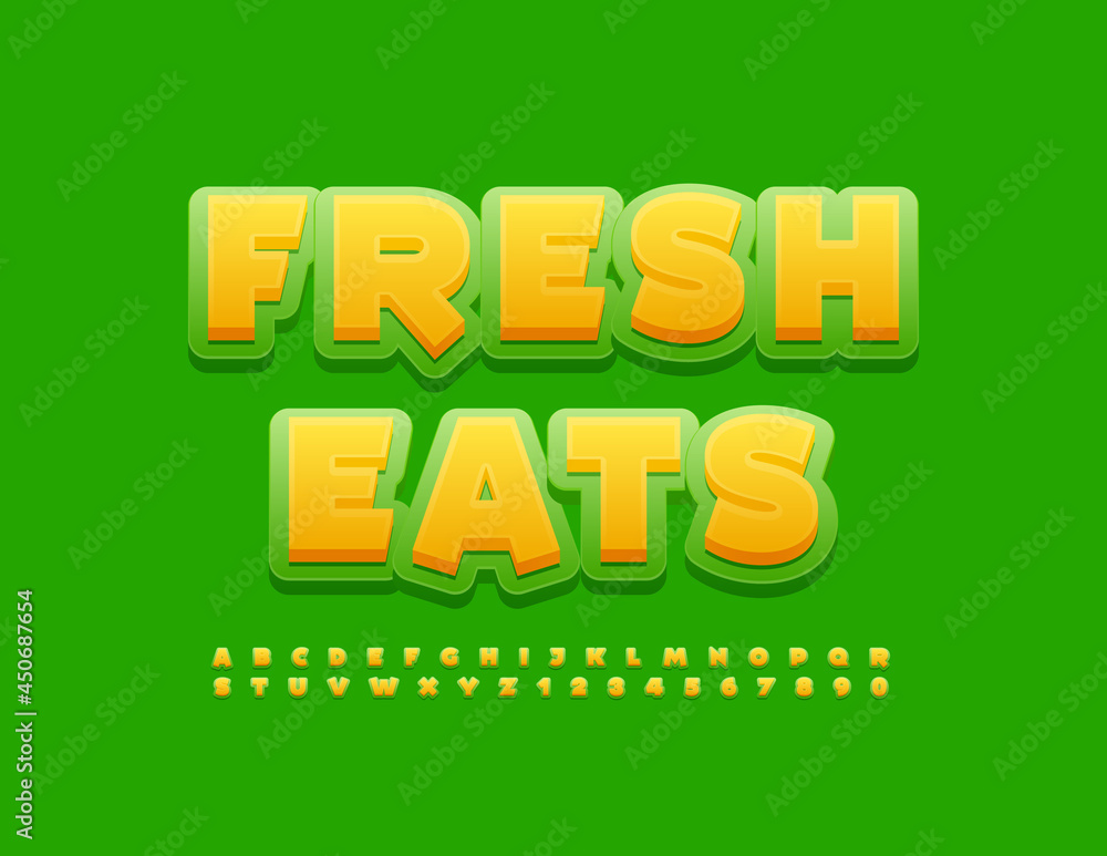 Naklejka premium Vector green emblem Fresh Eats. Artistic style Font. Modern set of Alphabet Letters and Numbers