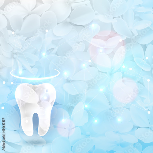 Beautiful floral dental design backdrop. Healthy tooth silhouette and light blue seamless hydrangeas flower at the background with lights and triangle lines.