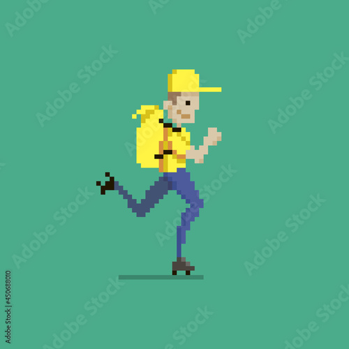 colorful simple flat pixel art illustration of cartoon character delivery man in yellow uniform with yellow backpack riding roller skates