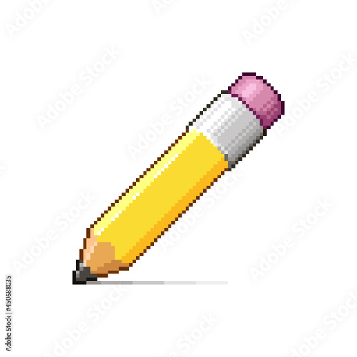 colorful simple flat pixel art illustration of cartoon yellow pencil with pink eraser on its back