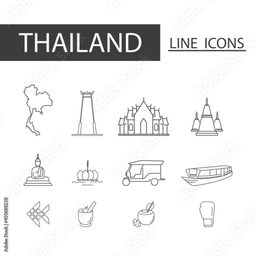 Icons set of Thailand black thin line. Set of map, architecture, tradition and more.