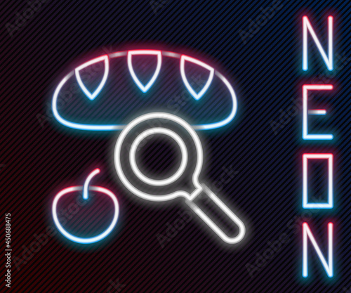 Glowing neon line Searching for food icon isolated on black background. Homelessness and poverty concept. Colorful outline concept. Vector