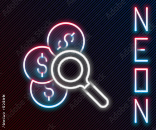 Glowing neon line Search for money icon isolated on black background. Colorful outline concept. Vector