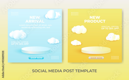 Square social media post template with 3d podium and clouds. Text can be edited.