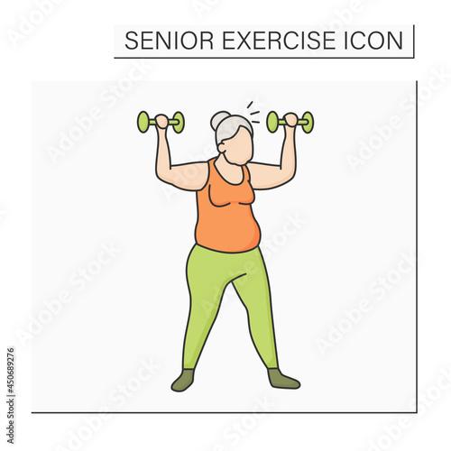 Workout color icon. Exercises with dumbbells. Low impact training. Cardio. Prevention diseases. Senior exercise concept. Isolated vector illustration