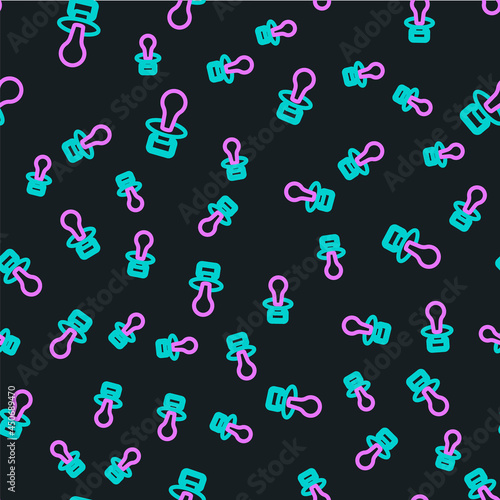 Line Baby dummy pacifier icon isolated seamless pattern on black background. Toy of a child. Vector