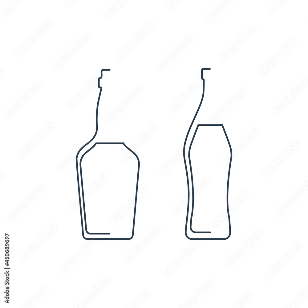Bottle continuous line whiskey and vermouth in linear style on white background. Solid black thin outline. Modern flat style graphic design. Logo element illustration. Contour drink symbol Bottle continuous line whiskey and vermouth in linear style on white background. Solid black thin outline. Modern flat style graphic design. Logo element illustration. Contour drink symbol