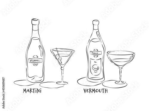 Vermouth and martini. Bottle and glass in hand drawn style. Restaurant illustration for celebration design. Retro sketch. Line art. Design element. Beverage outline icon. Isolated on white background