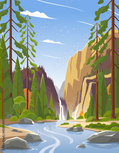 Waterfall in a national park in the United States. Landscape of a forest in a park. Panorama of a river and forest in a national park in Canada. Beautiful landscape. Vector illustration. EPS 10