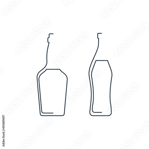Bottle continuous line whiskey and vermouth in linear style on white background. Solid black thin outline. Modern flat style graphic design. Logo element illustration. Contour drink symbol