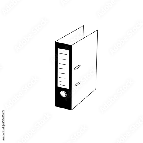 Hand drawn vector black and white hardcover folder for documents storage icon, perspective view, office stationary and supplies. Typography and digital use.